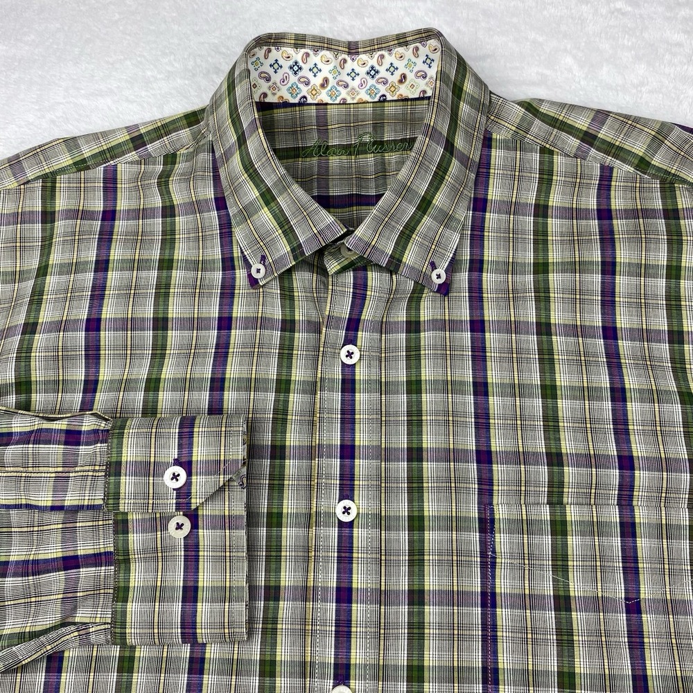 Alan Flusser Mens Shirt Size‎ XL Green/Purple Plaid Contrasting Paisley Trim